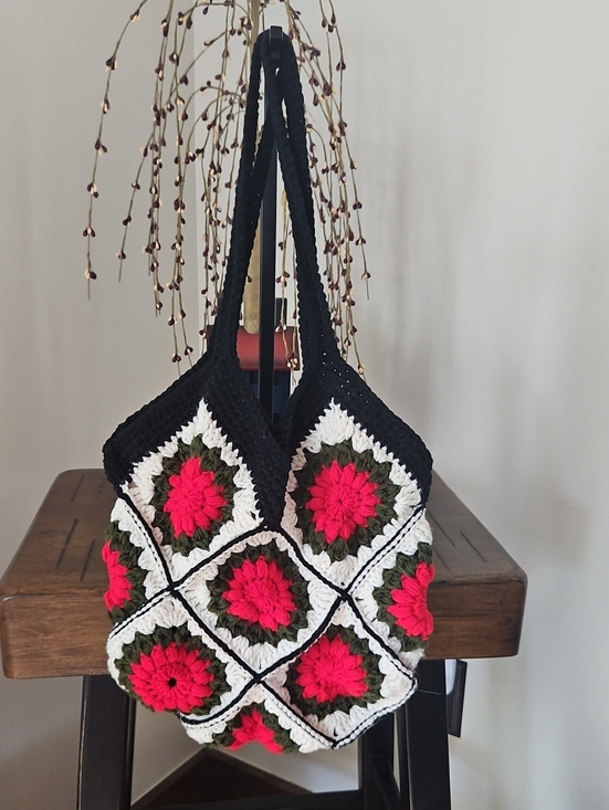 None Handbags - Handmade By Me Crochet Tote Bag in Black, White & Red Floral Squares